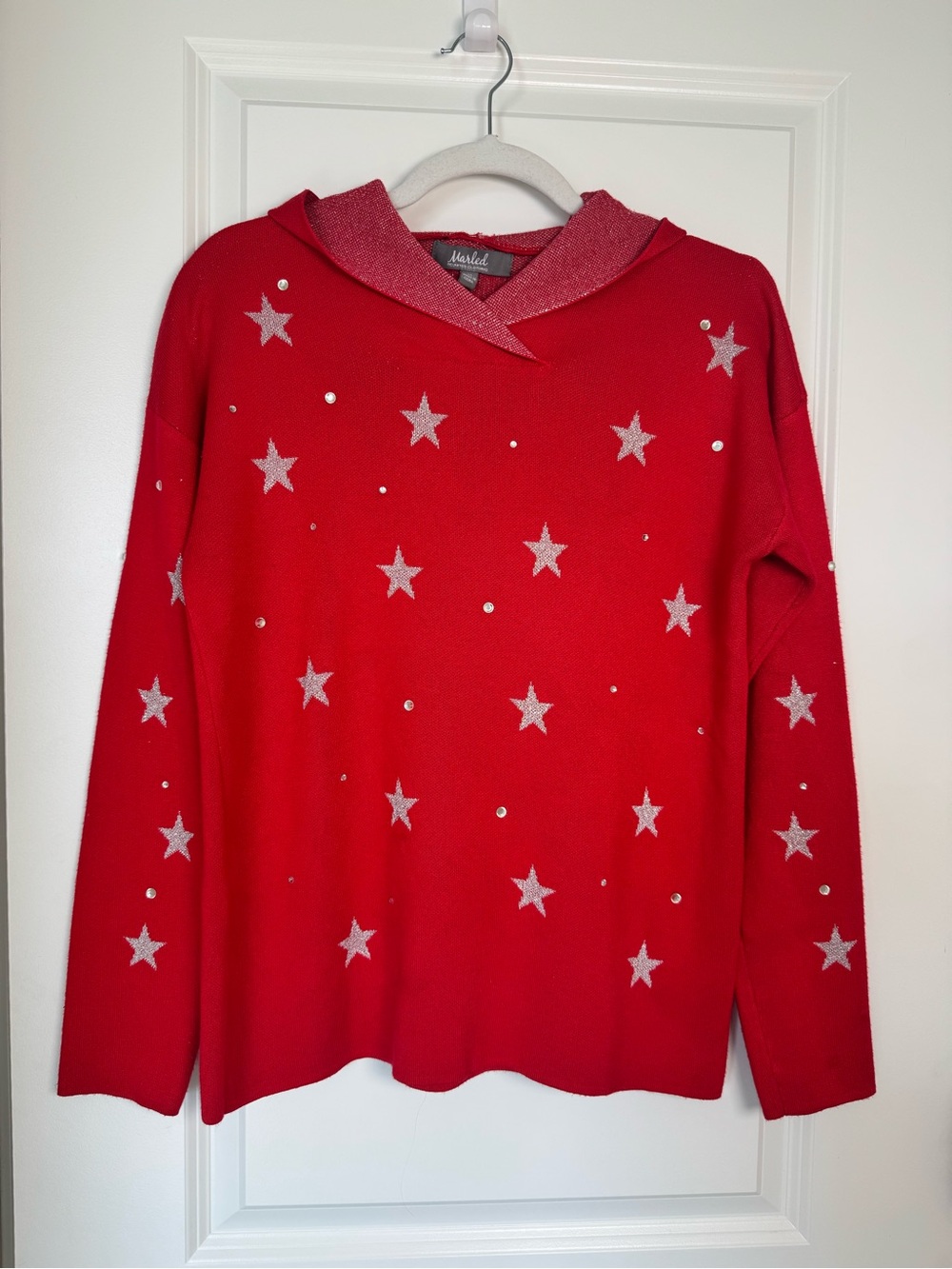 Marled Christmas Sweater Red Star-Embellished with Hood Size M